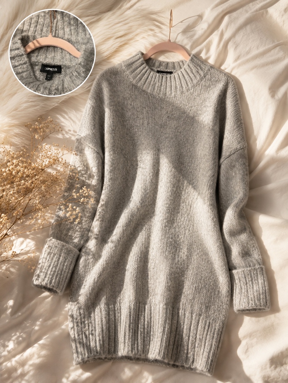Express Women's Cozy Ribbed Crewneck Sweater Dress in Light Gray